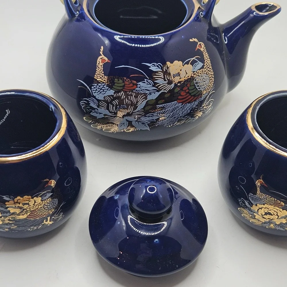 Vintage Cobalt Blue Peacock Tea Set Teapot & 2 Cups Gold Floral